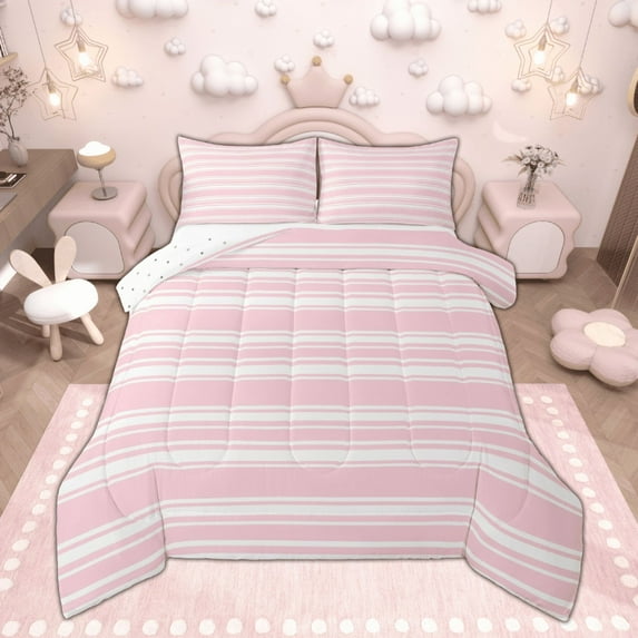 Manfei Pink White Full Size Comforter Sets, Geometric Stripe Bedding Comforter Set, Modern Minimalsit Bedding Sets, Super Cozy Room Decor Reversible 3pcs