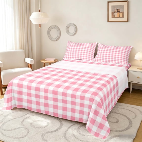 Manfei Pink White Gingham Queen Sheets, Check Queen Sheet Sets, Pink Reversible 4pcs1 Flat Sheet + 1 Fitted Sheet + 2 Pillowcases