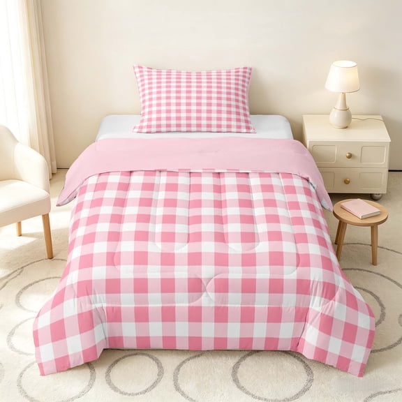 Manfei Pink White Gingham Twin Comforter Sets, Check Bedding Set, Pink Reversible 2pcs, 1 Comforter and 1 Pillowcase