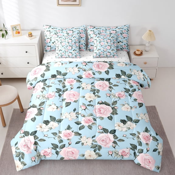 Manfei Pink White Rose 7 Pieces Bedding Comforter Set,Rustic Flower Floral Full Bedding Set,Romantic Theme Fitted Sheet Flat Sheet For Boys,Microfiber Bedroom Decor