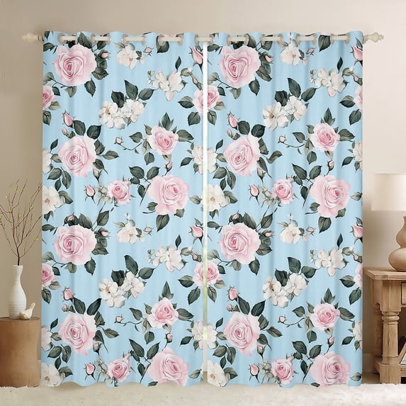 Manfei Pink White Rose Black Out Curtains,Rustic Flower Floral Curtains Pack of 2 (42x63 Each),Romantic Theme Bedroom Curtains For Boys,Microfiber Bedroom Decor