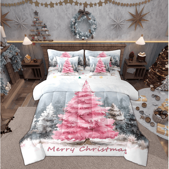 Manfei Pink Xmas Tree Bedding Comforter Set 7 Pieces for Teen, Watercolor Artwork Full Bedding Set, Merry Christmas Reversible Fitted Sheet Flat Sheet, Breathable Home Decor