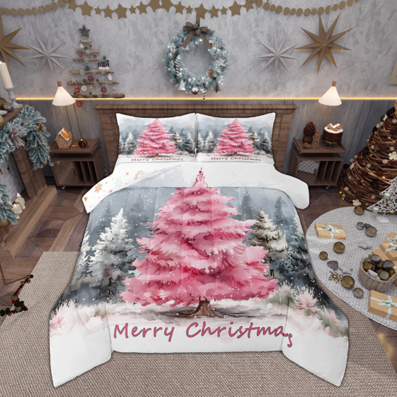 Manfei Pink Xmas Tree Full Size Comforter Sets for Teen, Watercolor Artwork Bedding Comforter Set, Merry Christmas Reversible Bedding Sets, Breathable Home Decor, 3pcs