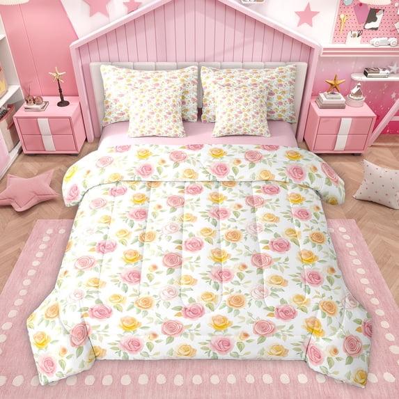 Homewish Pink Yellow Rose Bedding Comforter Set 7pcs, Spring Garden Flower King Bedding Sets, Simple French Style Reversible Bed Sheets, Luxury Bedroom Decor