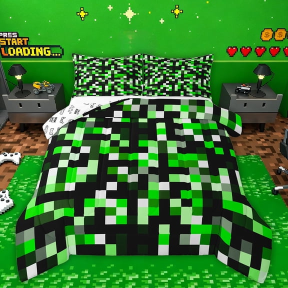 Manfei Pixel Classi Grid Bedding Comforter Set,Modern Minimalism Plaid Twin Comforter Sets,Black Green Bedding Set For Teens,Ultra Soft Home Decor Reversible,2-Piece