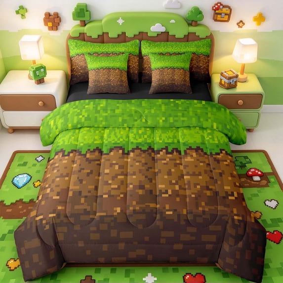 Manfei Pixel Cute Block 7-Piece King Bedding,Retro Ground Texture King ...