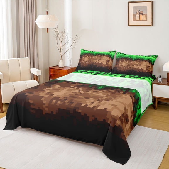 Manfei Pixel Geometric Full Size Sheets,Retro Checkered Pattern Bed Sheets,Green Brown Sheet Sets For Boys Teens,Ultra Soft Home Decor,4-Piece