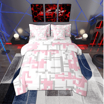 Manfei Pixel Geometric 7-Piece Twin Bedding Sets,Modern Abstract Geometric Bedding Comforter Set,Pink Gray White Sheet Sets For Girls,Breathable Home Decor Reversible