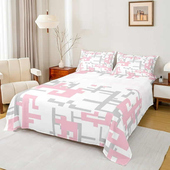 Manfei Pixel Geometric Twin Sheet Sets,Modern Abstract Geometric Twin Fitted Sheet,Pink Gray White Flat Sheet For Girls,Breathable Home Decor,3pcs