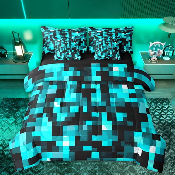 Manfei Pixel Grid Miners 7-Piece Twin Bedding Sets,Cartoon Gamepad Vindo Bedding Comforter Set,Cyan Black Sheet Sets For Kids,Microfiber Bedroom Decor Reversible