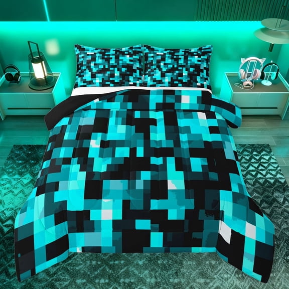 Manfei Pixel Grid Miners Bedding Comforter Set,Cartoon Gamepad Vindo Twin Comforter Sets,Cyan Black Bedding Set For Kids,Microfiber Bedroom Decor Reversible,2 Pieces