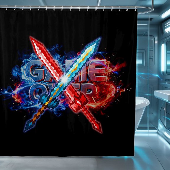 Manfei Pixel Neon Flame Shower Curtain 72Wx72L, Crossed Crystal Sword Bathroom Curtain
