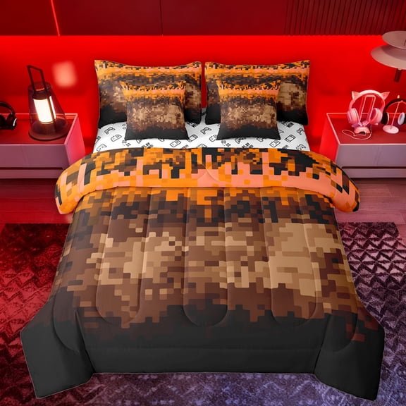 Manfei Pixel Plaid 7pcs Bedding Comforter Set,Modern Abstract Geometric Queen Bedding Sets,Orange Brown Queen Sheet Sets For Boys Kids,Luxury Bedroom Decor Reversible