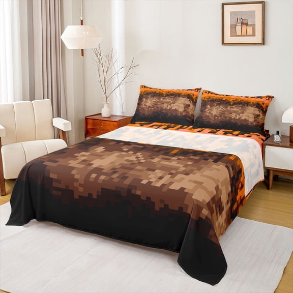 Manfei Pixel Plaid Twin Sheet Sets,Modern Abstract Geometric Twin Fitted Sheet,Orange Brown Flat Sheet For Boys Kids,Luxury Bedroom Decor,3pcs