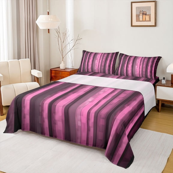 Manfei Pixel Vertical Streak Queen Sheets, Pink Block Queen Sheet Sets, Pink Black, Black Reversible 4pcs1 Flat Sheet + 1 Fitted Sheet + 2 Pillowcases
