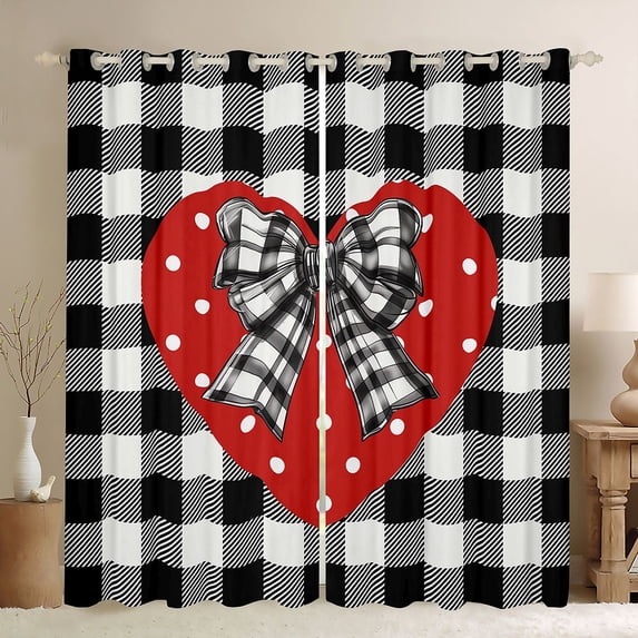 Manfei Plaid Bow Love Heart Curtains Pack of 2 (42x84 Each) for Girls, Cute Ribbon Curtains Blackout