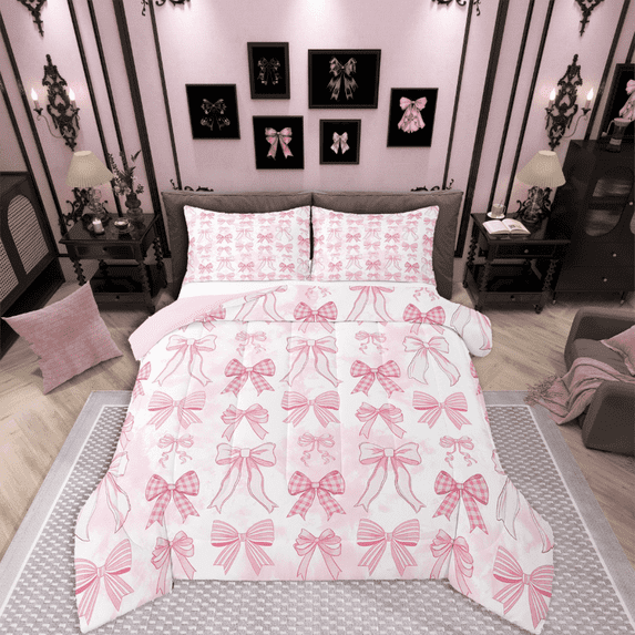 Manfei Plaid Bow Tie 2pcs Twin Comforter Set - Cute Pink Bow (For Girls)