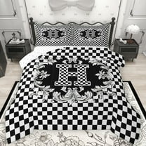 Manfei Plaid Letter H Bedding Comforter Set for Teens, Black White Monogrammed Twin Comforter Sets, Vintage Mandala Damask Reversible Bedding Set, Super Cozy Room Decor, 2pcs