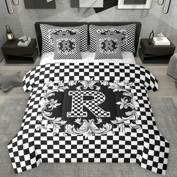 Manfei Plaid Letter R Bedding Comforter Set 7pcs for Teens, Black White Monogrammed Queen Bedding Sets, Vintage Mandala Damask Reversible Queen Sheet Sets, Breathable Home Decor