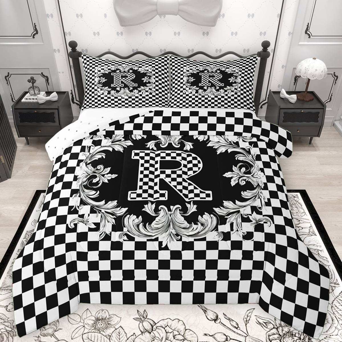 Manfei Plaid Letter R Bedding Comforter Set for Teens, Black White ...