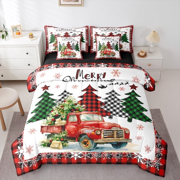 Manfei Plaid Xmas Tree 7pcs Bedding Comforter Set,Merry Christmas Snowflake Queen Bedding SetsHappy New Year Queen Sheet Sets For Children,Super Cozy Room Decor Reversible