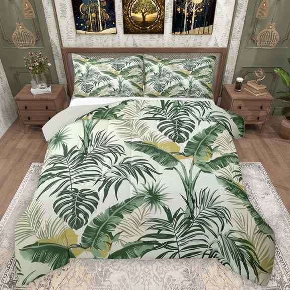 Manfei Plam Mostera Leaf Bedding Comforter Set,Tropical Botanical Plant Twin Comforter Sets,Green White Bedding Set For Kids,Microfiber Bedroom Decor Reversible,2pcs