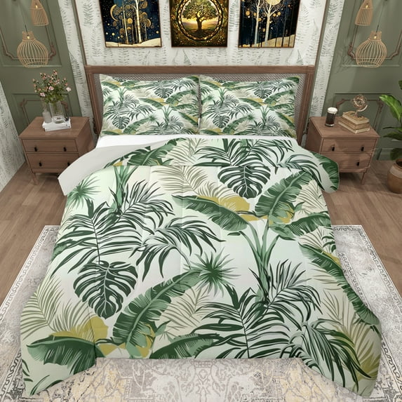 Manfei Plam Mostera Leaf Full Size Comforter Sets,Tropical Botanical Plant Bedding Comforter Set,Green White Bedding Sets For Kids,Microfiber Bedroom Decor Reversible,3-Piece