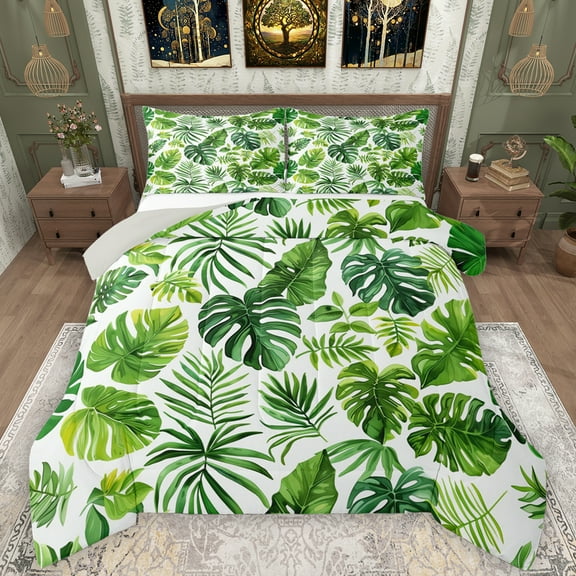 Manfei Plam Mostera Pattern Bedding Comforter Set,Tropical Botanical Plant Twin Comforter Sets,Green Beige Bedding Set For Kids,Microfiber Bedroom Decor Reversible,2 Pieces