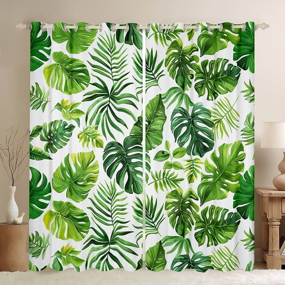 Manfei Plam Mostera Pattern Black Out Curtains,Tropical Botanical Plant Curtains Pack of 2 (42x63 Each),Green Beige Bedroom Curtains For Kids,Microfiber Bedroom Decor