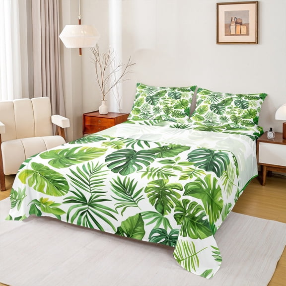 Manfei Palm Monstera Twin Sheet Set (3-Piece) Tropical Plant Green Beige Microfiber Decor For Kids