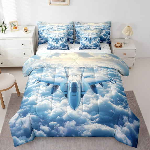 Manfei Plane Aircraft 7-Piece Twin Bedding Sets,Blue Sky Bedding Comforter Set,Transportation Theme Breathable Sheet Sets,Ultra Soft Room Decorative,Reversible