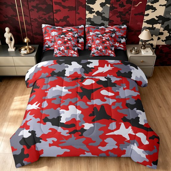Manfei Plane Camouflage Full Size Bedding Sets, Vintage Camo Full Size Bed in a Bag, Crimson Red, Black Reversible, 7-Piece