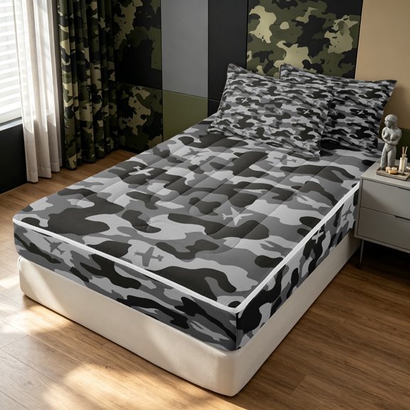 Manfei Plane Camouflage Zipper Twin Comforter Sets with Fitted Sheet and 2 Pillowcases, Contemporary Art Camo Zipper Bedding Set, Black Gray, Gray Reversible, 4-Piece