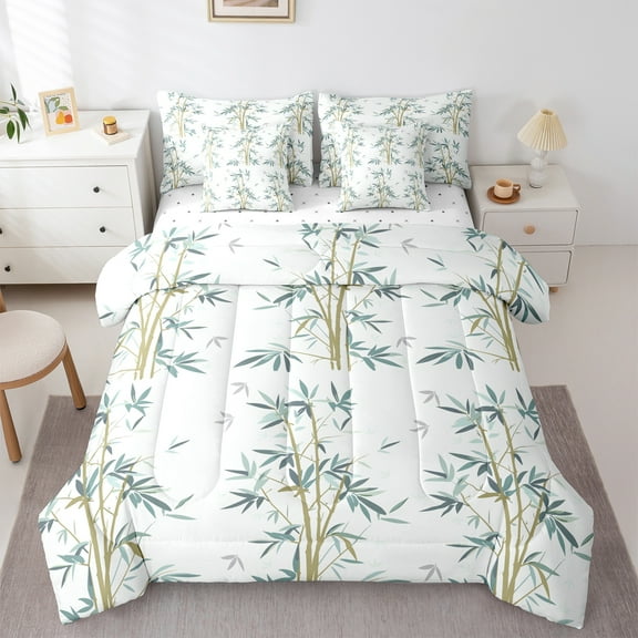 Manfei Plant Botanical 7-Piece Twin Bedding Sets, Grey Green Leaf Bedding Comforter Set, Teens Kids Adult Men Women Reversible Sheet Sets, Luxury Bedroom Decor