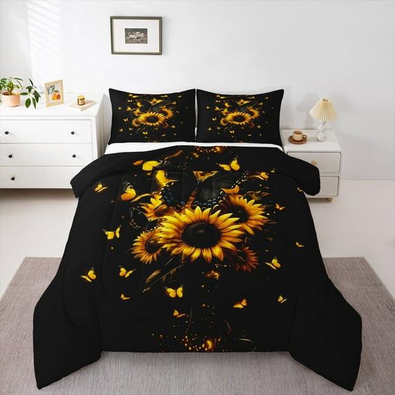 Manfei Plant Flower Sunflower Bedding Comforter Set,Insect Butterfly Butterflies Twin Comforter Sets,Black Orange Bedding Set,Microfiber Bedroom Decoration Reversible,2-Piece