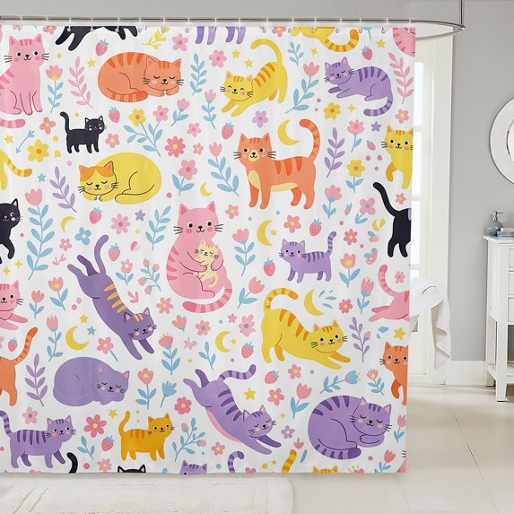 Manfei Playful Cartoon Cat Shower Curtain 72Wx84L, Spring Botanical Bathroom Shower Curtain, White Pink Purple