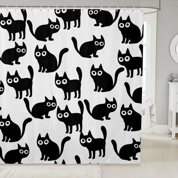Manfei Playful Cat Shower Curtain 72Wx84L, Cartoon Kitten Bathroom Shower Curtain, Black White
