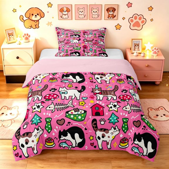 Manfei Playful Cat Twin Comforter Sets, Party Pet Sticker Bedding Set, Bright Pink, Pink Reversible, 2 Pieces, 1 Comforter and 1 Pillowcase