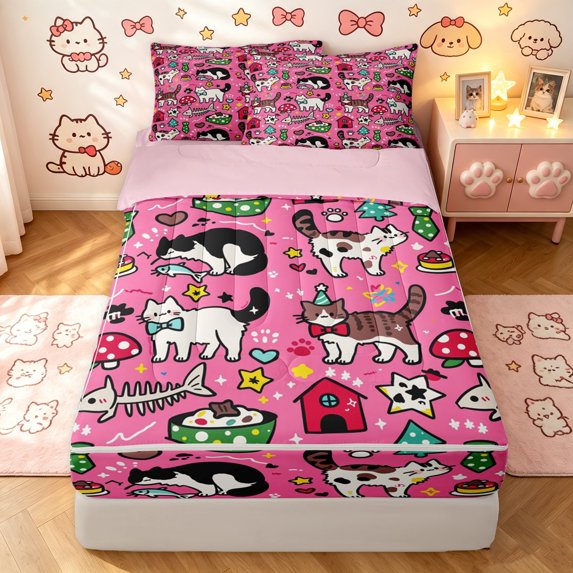 Manfei Playful Cat Zipper Queen Comforter Set with Fitted Sheet and 2 Pillowcases, Party Pet Sticker Zipper Bedding Set, Bright Pink, Pink Reversible, 4 Pieces