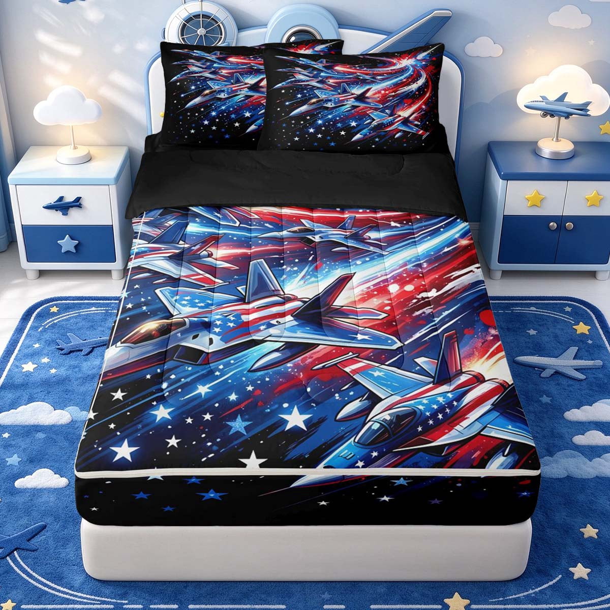 Manfei Playful Fighter Jet Zipper Queen Comforter Set with Fitted Sheet ...