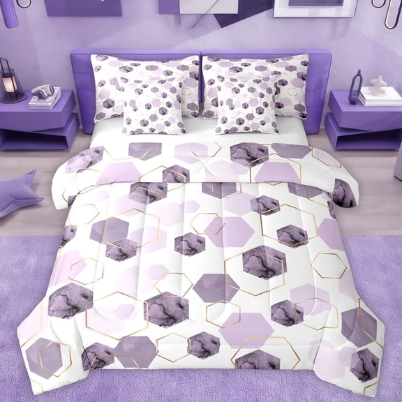 Manfei Plum Abstract Stripes Bedding Comforter Set 7pcs for Teens, Modern Watercolor Honeycomb King Bedding Sets, Square Artwork Bed Sheets, Luxury Bedroom Decor
