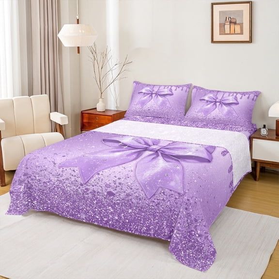 Manfei Plum Bow-tie Bed Sheets Set Twin Size, Sequin Print Bed Sheets Twin, Dreamy Princess Bedding Twin Size, Super Cozy Bedroom Decorative, 3pcs