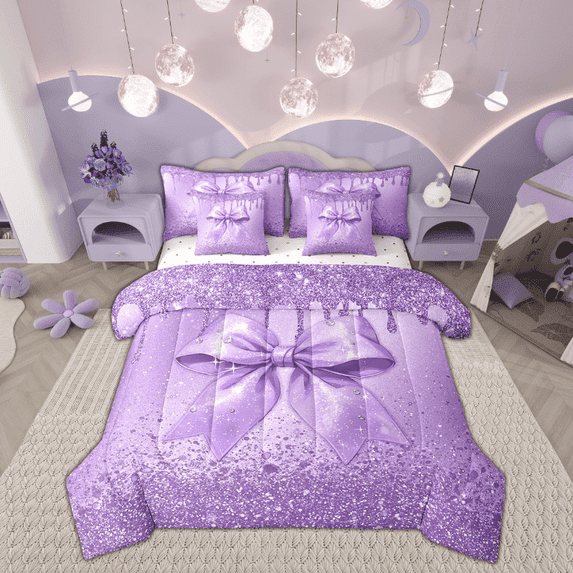 Manfei Plum Bow-tie Bedding Twin Size, Sequin Print Bedding Sets Twin Size, Dreamy Princess Reversible Comforter Sets with Sheets, Super Cozy Bedroom Decorative, 7pcs