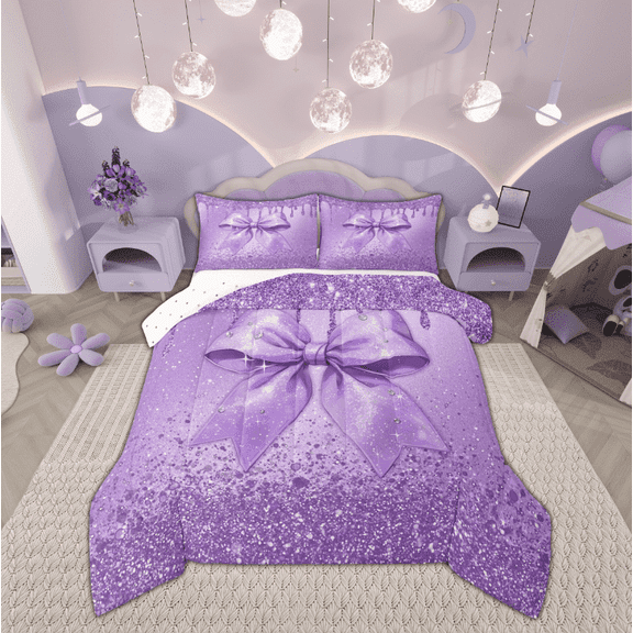 Manfei Plum Bow-tie Comforter Sets Twin Size, Sequin Print Comforters & Duvets, Dreamy Princess Reversible Bedding Twin Comforter Set, Super Cozy Bedroom Decorative, 2pcs
