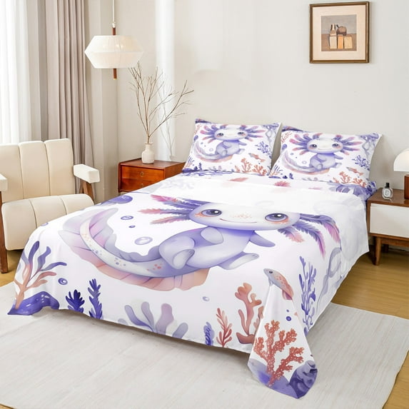 Manfei Plum Kawaii Axolotl Twin Sheet Sets, Cute Cartoon Animal Twin Fitted Sheet, Teens Boys Girls Kids Flat Sheet, Breathable Home Decor, 3-Piece