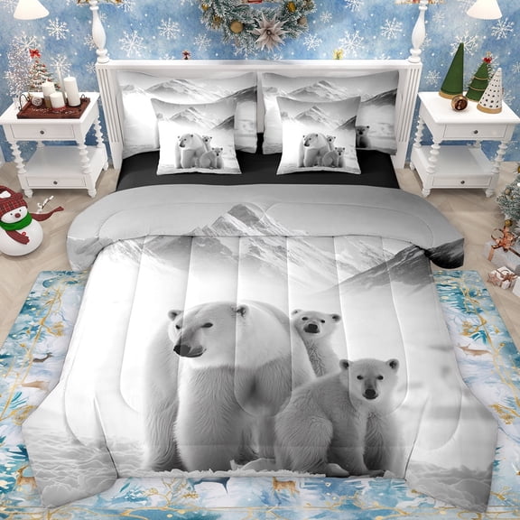 Manfei Polar Bear Family Bedding Comforter Set 7pcs for Kids, Kawaii Wildlife Animal Queen Bedding Sets, Winter Snow Mountain Reversible Queen Sheet Sets, Microfiber Bedroom Decor