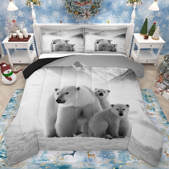 Manfei Polar Bear Family Full Size Comforter Sets for Kids, Kawaii Wildlife Animal Bedding Comforter Set, Winter Snow Mountain Reversible Bedding Sets, Microfiber Bedroom Decor, 3-Piece