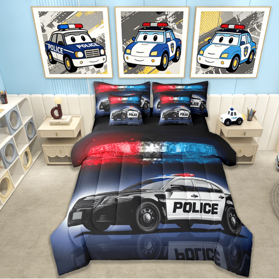 Manfei Police Car 7-Piece Bedding Comforter Set,Policeman Vehicle King Bedding Sets,Cop Lights Bed Sheets For Boys Girls,Ultra Soft Home Decor Reversible
