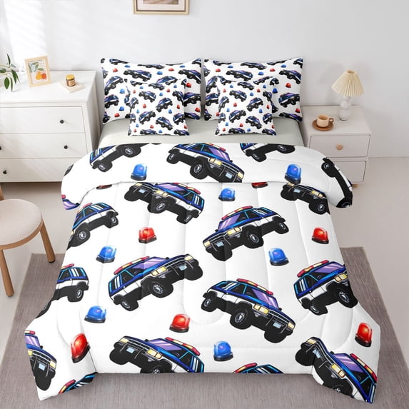 Manfei Police Car 7-Piece King Bedding,Boys Friendly Pattern King Bed in a Bag,White,Light Gray Reversible