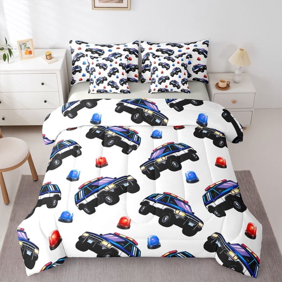 Manfei Police Car 7-Piece Twin Bedding,Boys Friendly Pattern Bedding Comforter Set,White,Light Gray Reversible